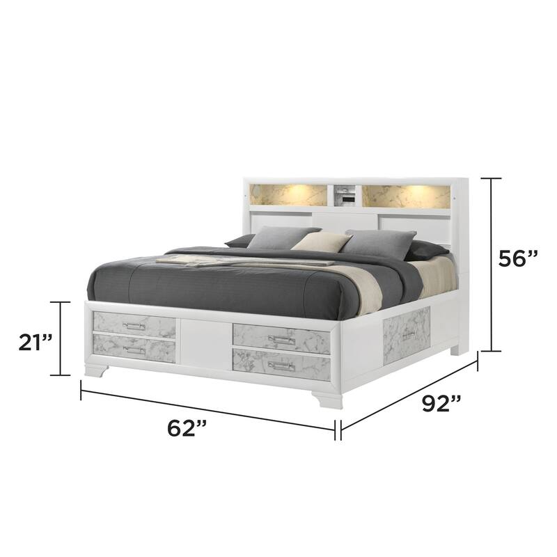 Soul Luxurious 4PC/5PC Bedroom Set - White Finish, Marble Accents, Built-in Lighting, USB-C & Bluetooth Speakers