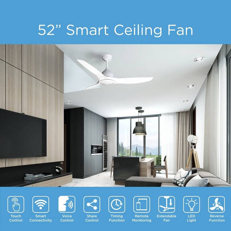 ProMounts All Seasons 52" Ceiling Fan with Light, Quiet, Alexa/Google, 3 Color LED Lights, Reversible, White