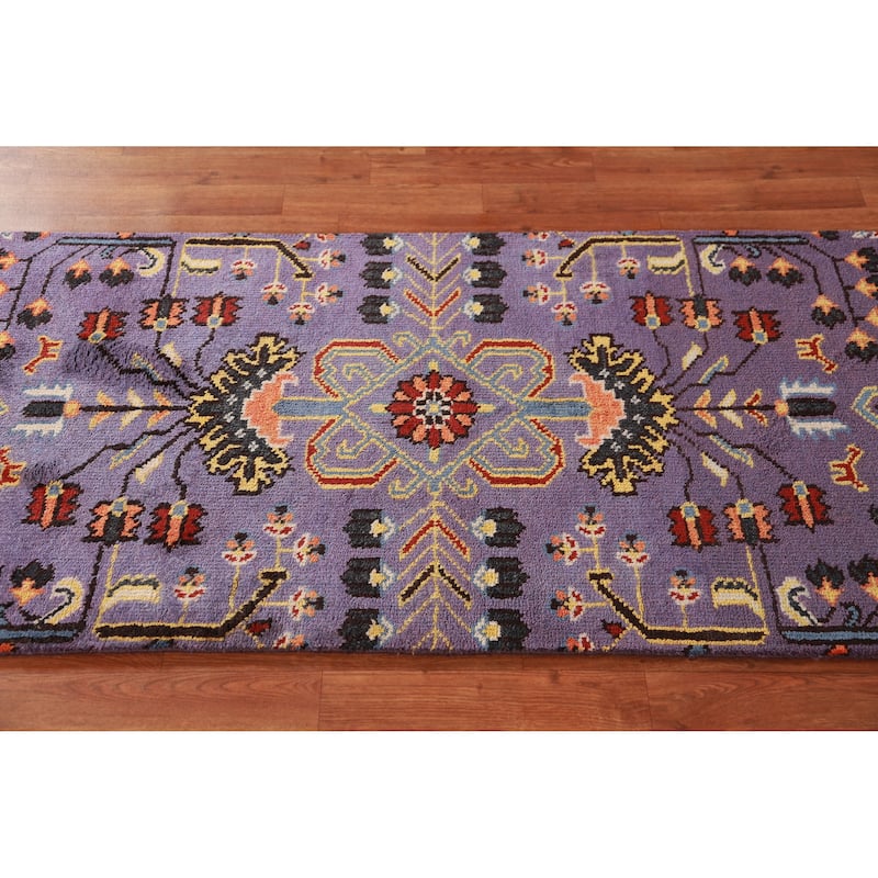 Hand Knotted Oriental 100% Wool Carpet Transitional All-Over Purples Oushak Runner Rug - 9' 10'' X 2' 7''