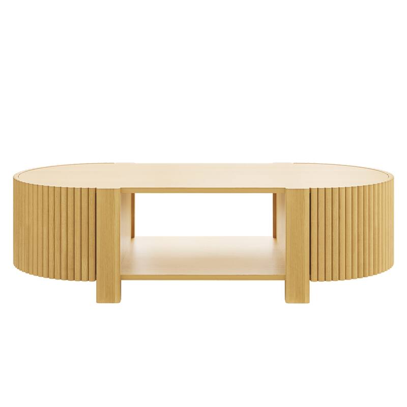 47" Coffee Table for Living Room, Wood Center Table, Tea Table, Storage Table with Sliding Doors, Modern Oval End Table