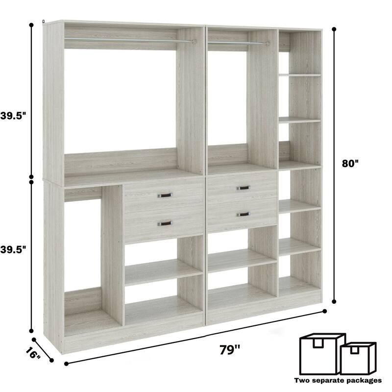 79''W Set of 2 Freestanding Closet System with Drawers, Reversible Wardrobe for Walk-in/ Reach-in Closet