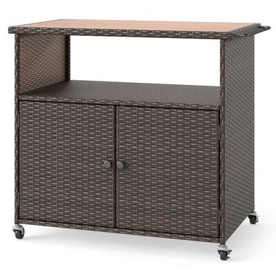 Mix Brown PE Rattan and Acacia Wood Outdoor Storage Cabinet with Wheels - 37.5" × 21" × 33.5"