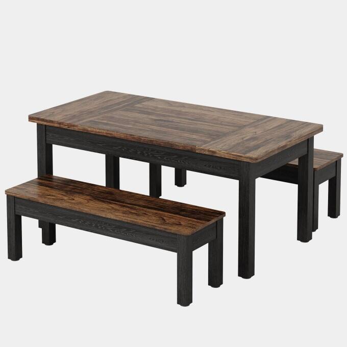 55-Inch Farmhouse Kitchen Table Set, Wood Dining Table with 2 Benches