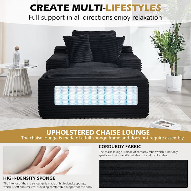 Deep Seat Chaise Lounge Chair, Wide Armrest Sleeper Sofa with Three Soft Pillows, Convertible Boneless Sofa Bed Daybed