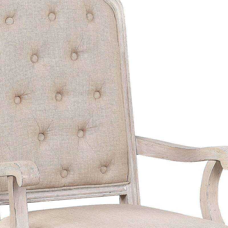 HomeRoots Set of Two Tufted Antiqued White and Champagne Upholstered Fabric And Solid Wood Dining Arm Chairs