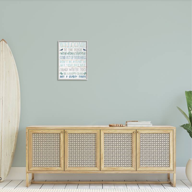 Stupell Welcome to the Beach Blue Aqua and White Planked Look Sign Framed Giclee Texturized Art by Jennifer Pugh