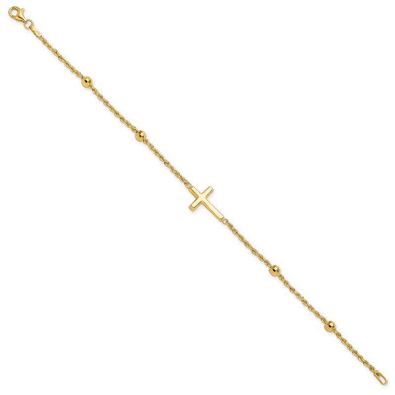 Curata 14k Yellow Gold 7.5" 11mm Diamond Cut Beads Cross Rope Bracelet