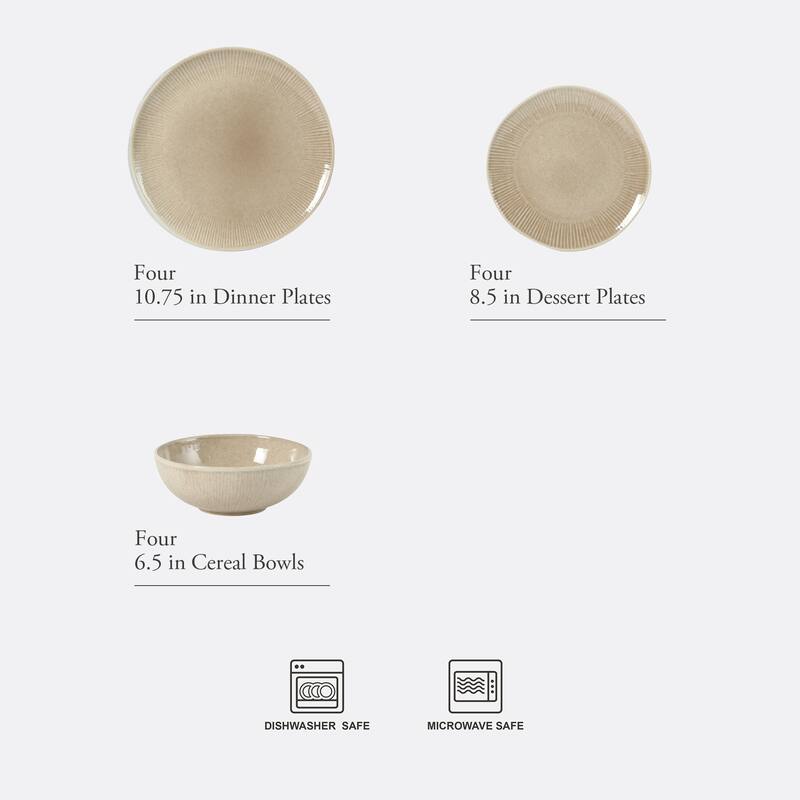 Gibson Elite Sandy Pines Stoneware Plates and Bowls Set - 12 Piece Reactive Glaze Dinnerware Set - Service for 4