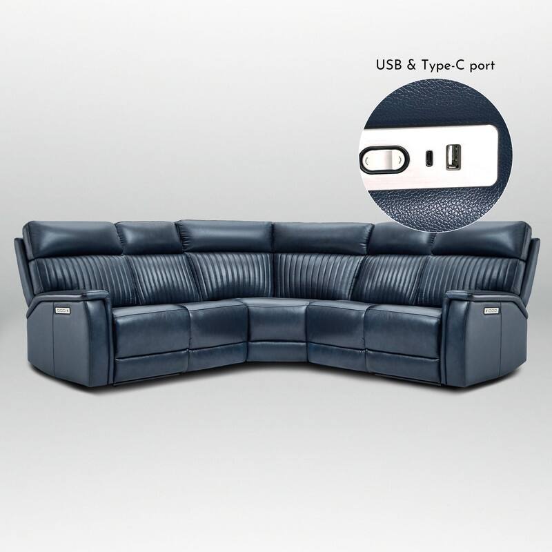 Genuine Leather Power Recliner Sectional with Power Ajustable Headrest and Lumbar, Zero Gravity, 2 Stationary Armlesschairs