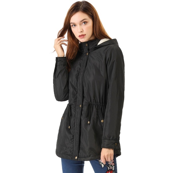 Women's Drawstring Wasit Pockets Winter Hooded Jacket - Black