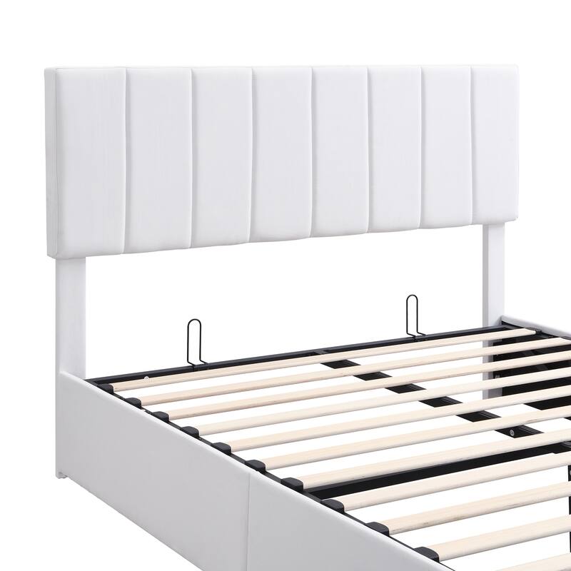 Upholstered Platform bed with a Hydraulic Storage System - White