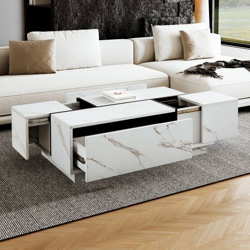 Roomfitters Rectangular Sliding Top Coffee Table, White Marble Look Center Table with 2 Drawers and Hidden Storage