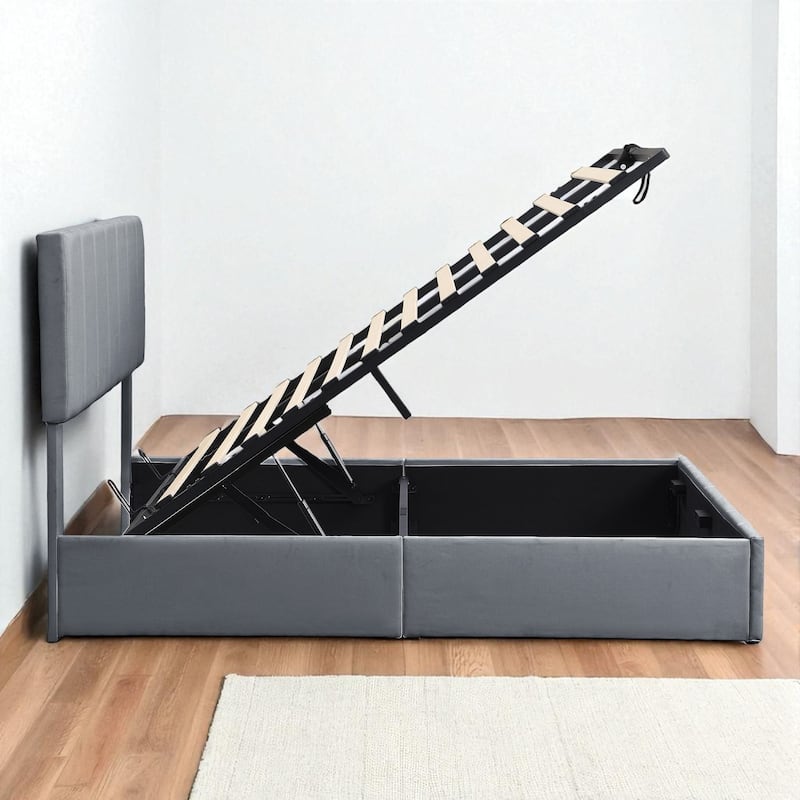 Full/Queen Upholstered Platform Bed with Hydraulic Lift Storage, Linen Headboard and Slats
