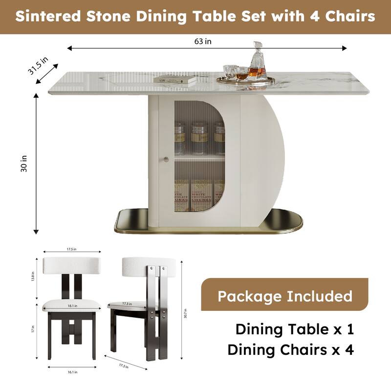 5-Piece Dining Table Set with Storage Cabinets, Kitchen Table Set with 4 Velvet Chairs for Dining Room