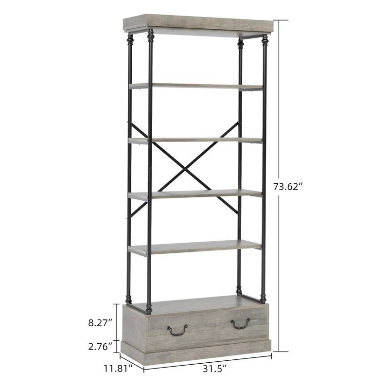 Bookshelf with Drawers,81.29" Tall, 5 - Tier Vintage Bookcase, Metal - Frame Shelf