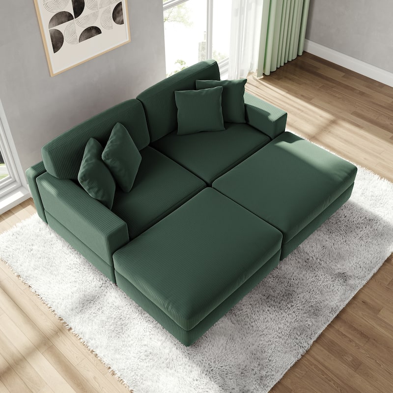 Modular Corduroy Sectional Sofa Set Chaise Couch with Ottoman