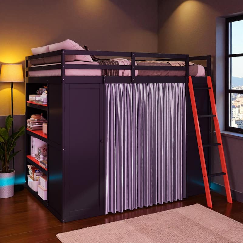 Full Size Loft Bed with Wardrobe, Desk, Shelves, Blackout Curtains & RGB Lights, Workstation with USB Port