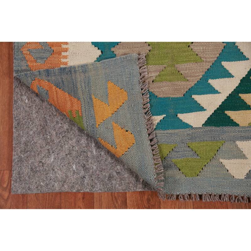 Hand Woven Oriental 100% Wool Carpet Southwestern Geometric Green Kilim Runner Rug - 13' 1'' X 2' 7''