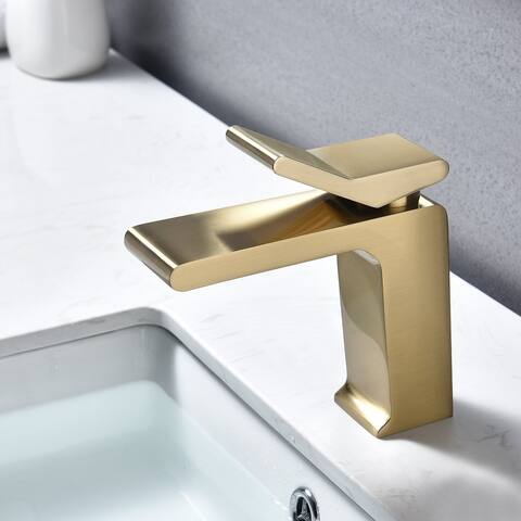 brushed gold single handle bathroom basin faucet with pop up overflow brass drain - 7'6" x 9'6"