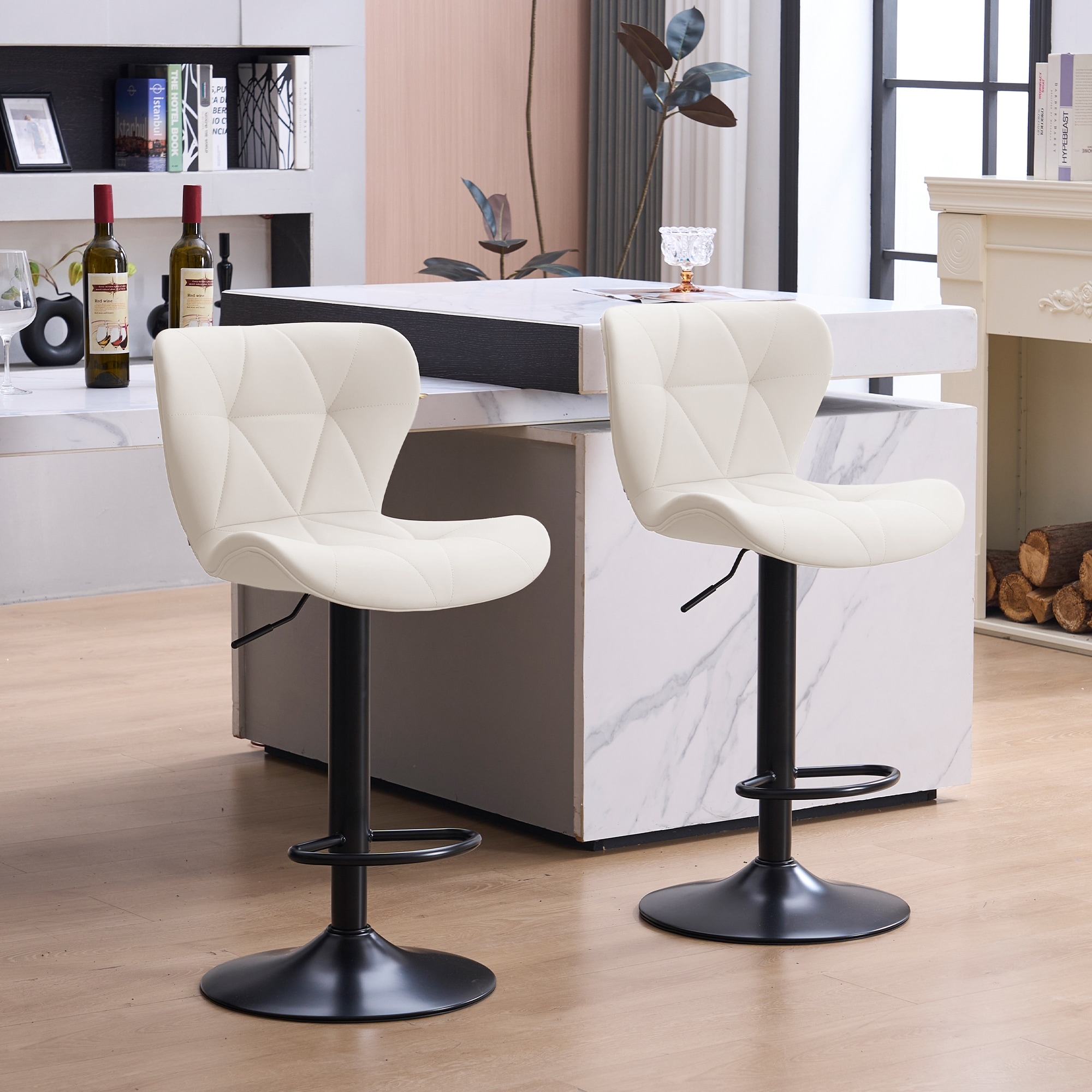 Modern Adjustable Height Bar Stools Padded PU Leather Swivel Stools (Set of 2)