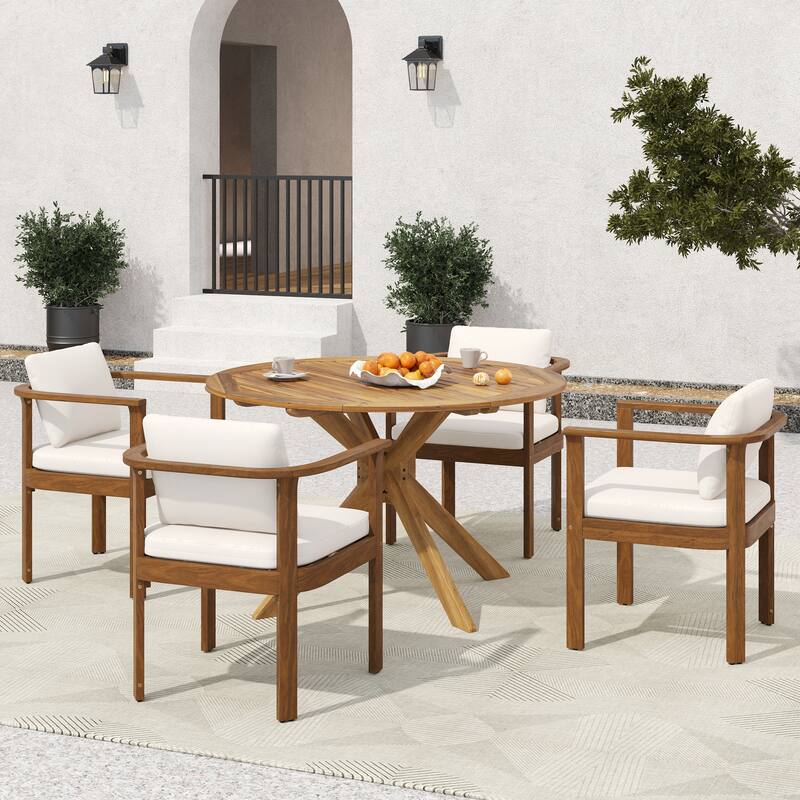 Christopher Knight Home - 5-Piece Outdoor Acacia Wood Dining Set with Sculpted Back Chairs & Slat Round Table - Brown Finish+Beige