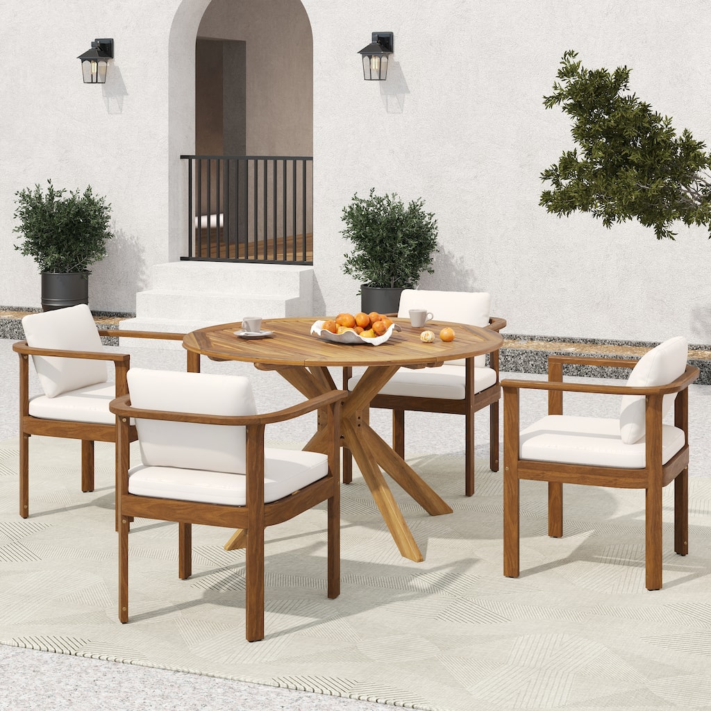 Christopher Knight Home - 5-Piece Outdoor Acacia Wood Dining Set with Sculpted Back Chairs & Slat Round Table