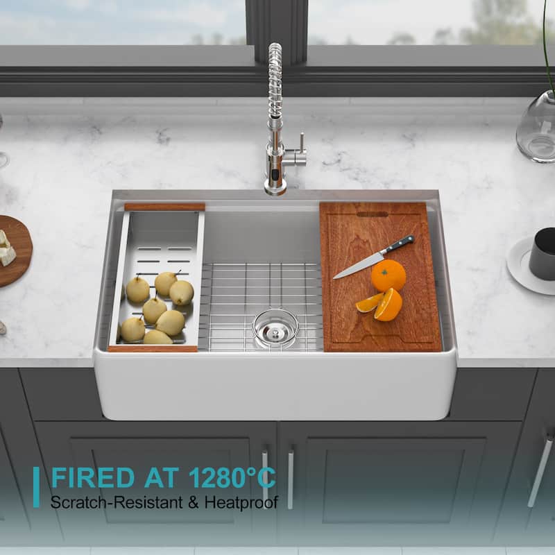 33 Inch Farmhouse Single Bowl Ceramic Kitchen Sink in White - 33'' x 20'' x 10''