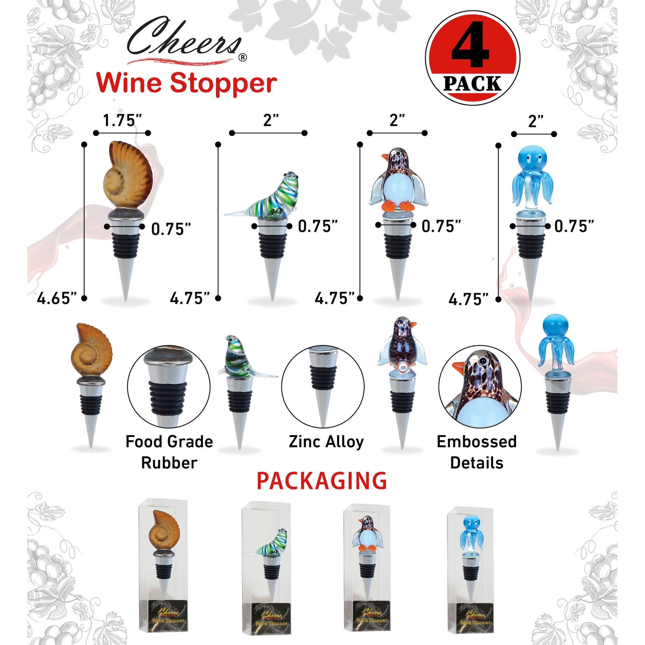 Cheers Sea Shell, Seal, Penguin, Octopus Glass Wine Stopper Set of 4