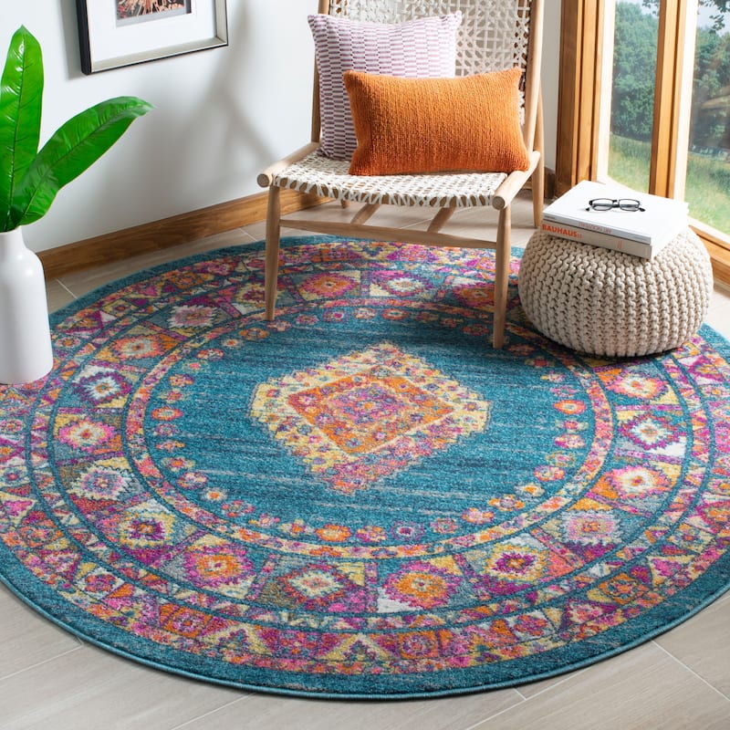 SAFAVIEH Madison Matxalen Vintage Boho Oriental Rug - 6'7" Round - Light Blue/Orange - Round