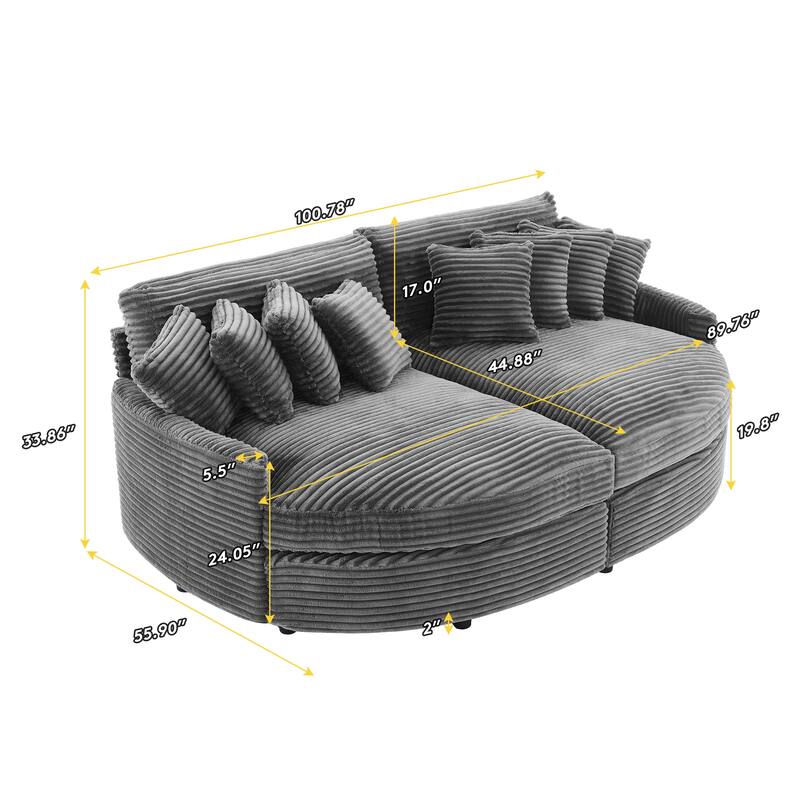 Oversized Fan-shaped Corduroy Couch, 2-piece Sectional Sofa with 4 & 8 Throw Pillows