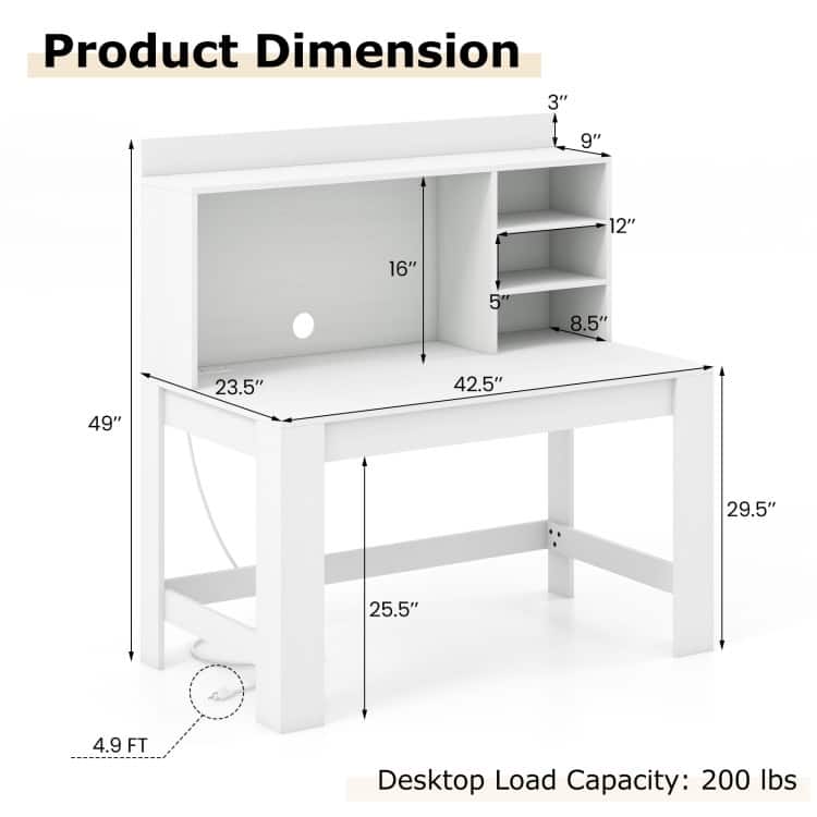 Modern White Computer Desk with Hutch & Charging Station 42.5'' MDF Workstation with USB