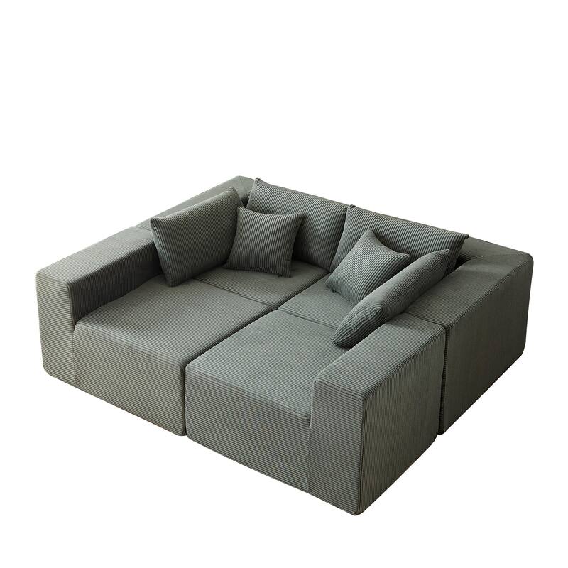 Corduroy Convertible Sectional Cloud Sofa, Foam-Filled Compressed Boneless Sofa, Modular L Shaped Floor 4 Seat Sofa