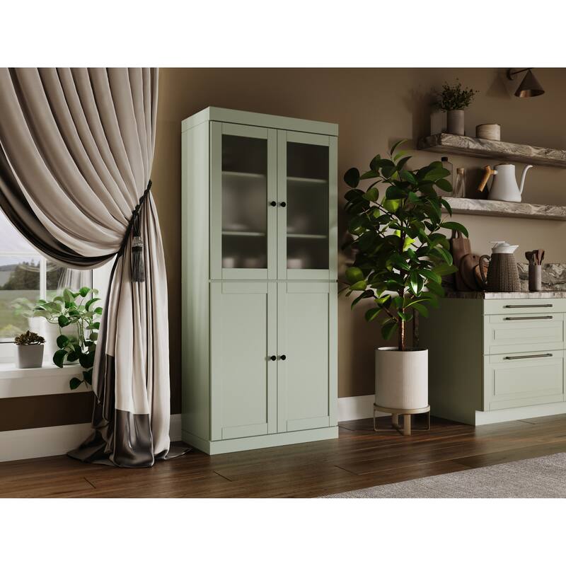 Palace Imports 100% Solid Wood 32" Pantry Cabinet with Frosted Glass, Shaker Doors, 2-Drawers and Adjustable Shelves