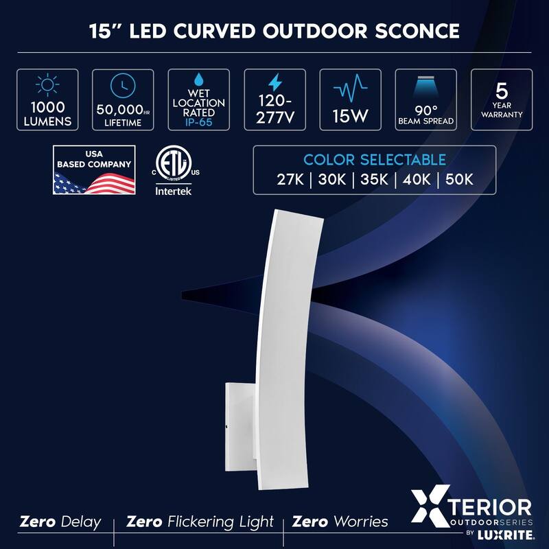 LUXRITE 15-Inch LED Curved Outdoor Wall Sconce, 5CCT, 1000LM, 15W, IP65, Dimmable, Exterior Light Fixture White 2 Pack