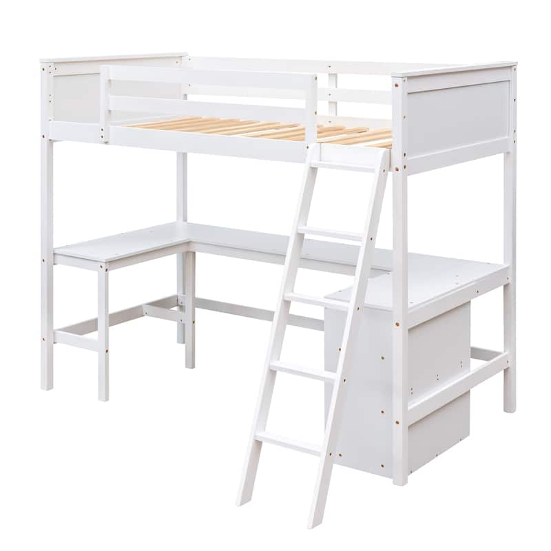 Integrated Study Area - Wood Twin Size Loft Bed with Built-in U-shaped Desk and Bookcase for Boys, Girls Bedroom