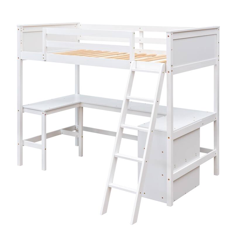 Roomfitters Twin Size Loft Bed with Desk and Storage Shelves, White