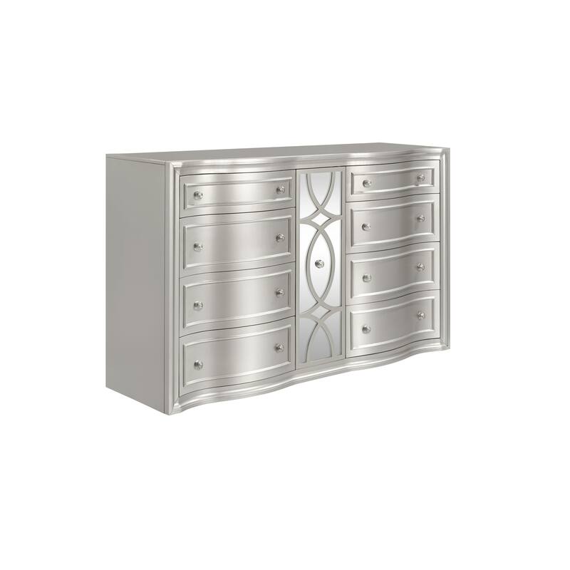 Felix Wide Dresser with 8 Bow Front Drawers, Silver Solid Wood 68 Inch