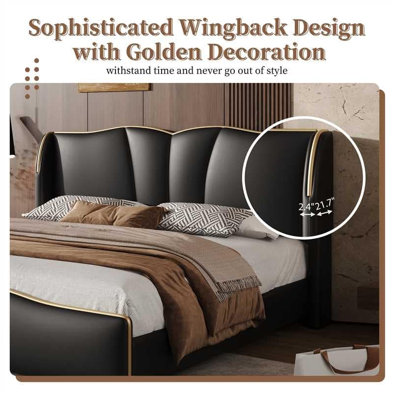 Roomfitters Queen Size PU Upholstered Platform Bed Frame with Wingback Headboard and Wavy Footboard, Modern Leather Bed