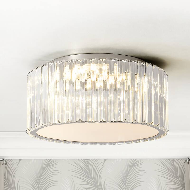 13.7 in. Modern Glam Chrome Drum Crystal LED Semi-Flush Mount Light - 13.7 in. W x 6.8 in. H