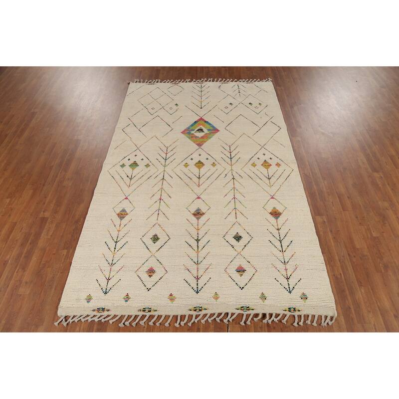 Ivory Geometric Moroccan Oriental Area Rug Handmade Wool Carpet - 5'11"x 9'6"