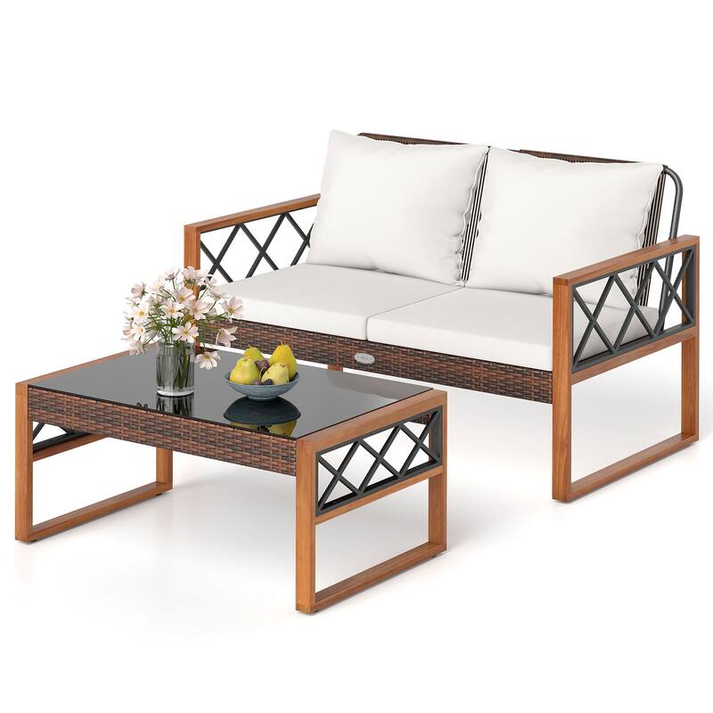 2 Piece Mix Brown PE Rattan Outdoor Loveseat with Cushions and Coffee Table - Loveseat: 28" x 50" x 31.5"