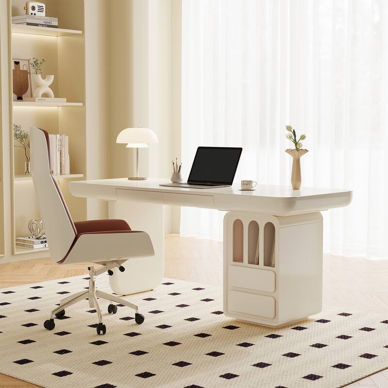 Modern Cream Large Desk with Drawers for Computer Office - 63"L