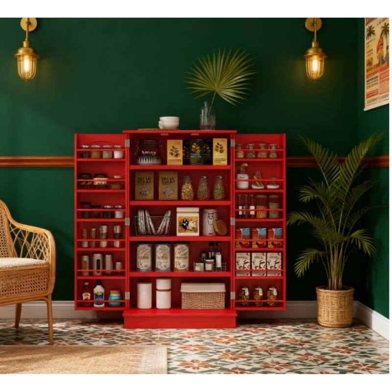 5-Tier Adjustable Storage Pantry Cabinet with Door Shelves and Double Doors