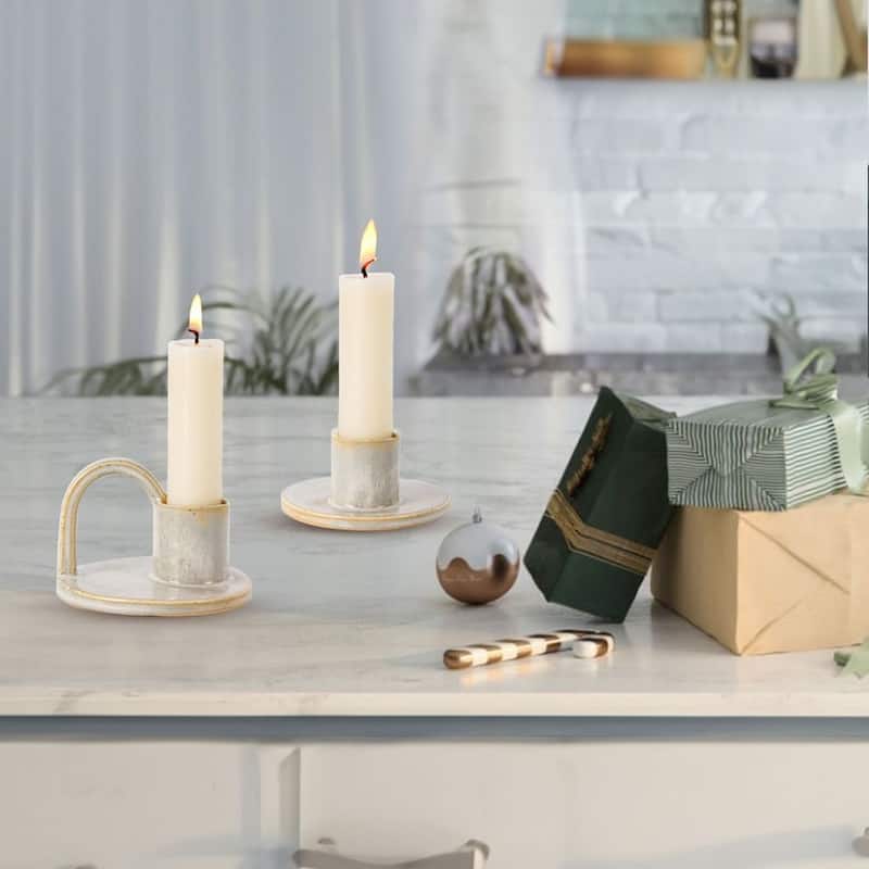 Set of Two Short Elise Ceramic Candlesticks in Vanilla