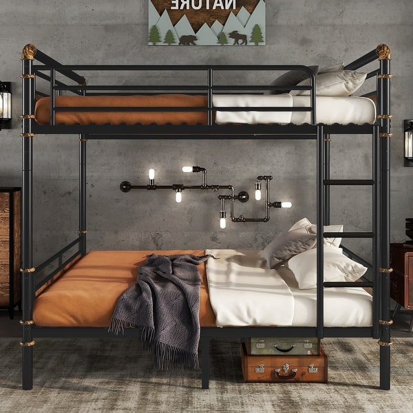 slide 2 of 14, Queen Over Queen Metal Bunk Bed with Ladder & Safety Guardrails for Teens Bedroom, Heavy Duty Bunkbeds Detachable Design, Black Black - Queen