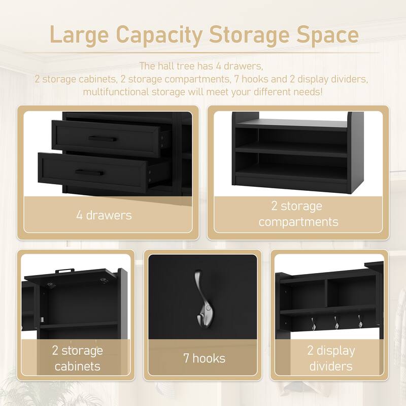 4-in-1 Detachable Hall Tree with Storage and 7 Hooks, Multiple Functions Hallway Coat Rack with Storage Drawers and Cabinet