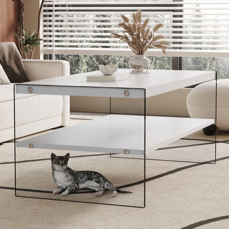 43.3" Modern Rectangular Coffee Table with Tempered Glass Legs and Storage Shelf