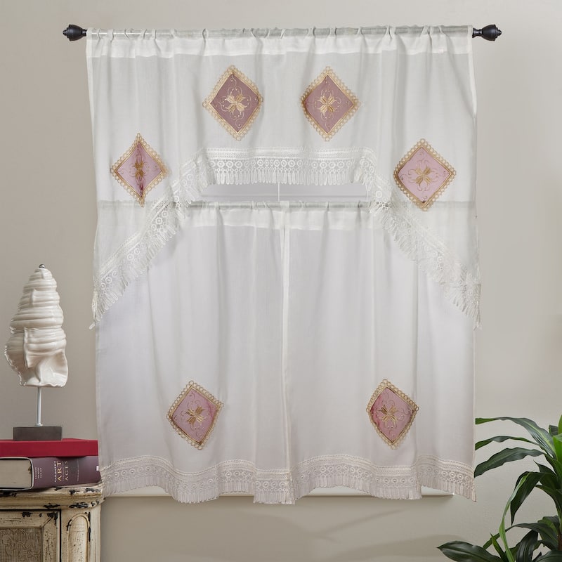 Violet Linen Emerald Sheer Embroidered Burgundy 3pc Set 60" x 18" Valance, 30"x 36" Tiers, Decorative Window Kitchen Curtain Set - 1-Valance and 2-36" Tiers - Burgundy