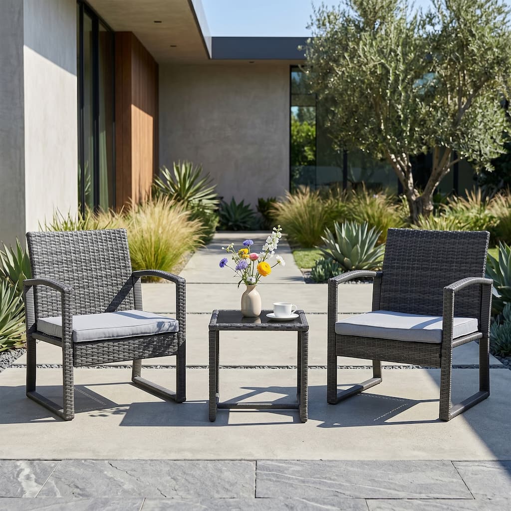 3-Piece Outdoor Wicker Chat Set with Cushioned Chairs & Coffee Table