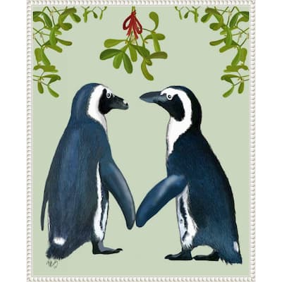 Penguins And Mistletoe by Fab Funky (23 x 28 in.), Framed Canvas Wall Art Print - Sylvie Beaded White